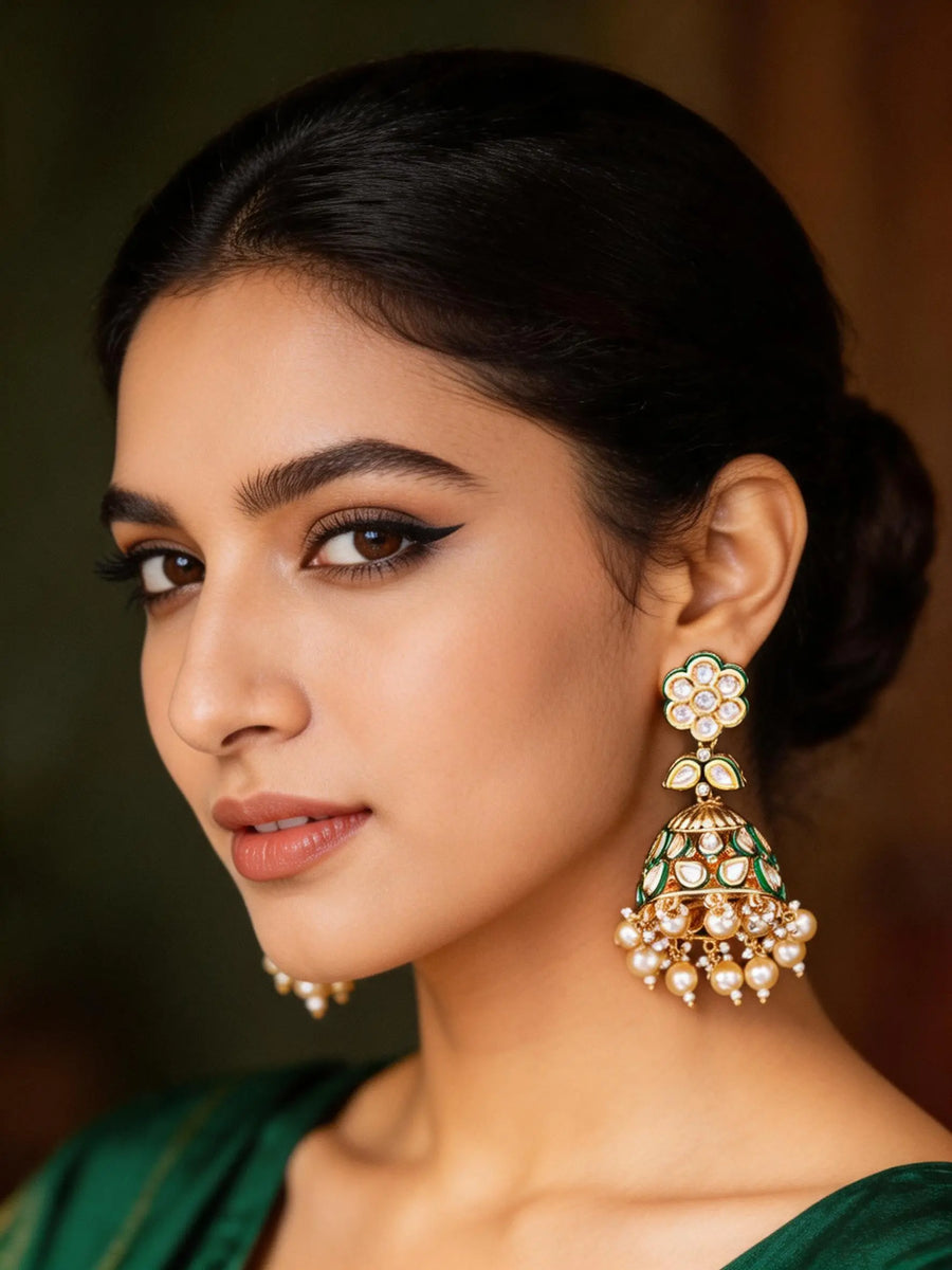 Uncut Polki Brass Jhumka Earrings with Pearl Drop