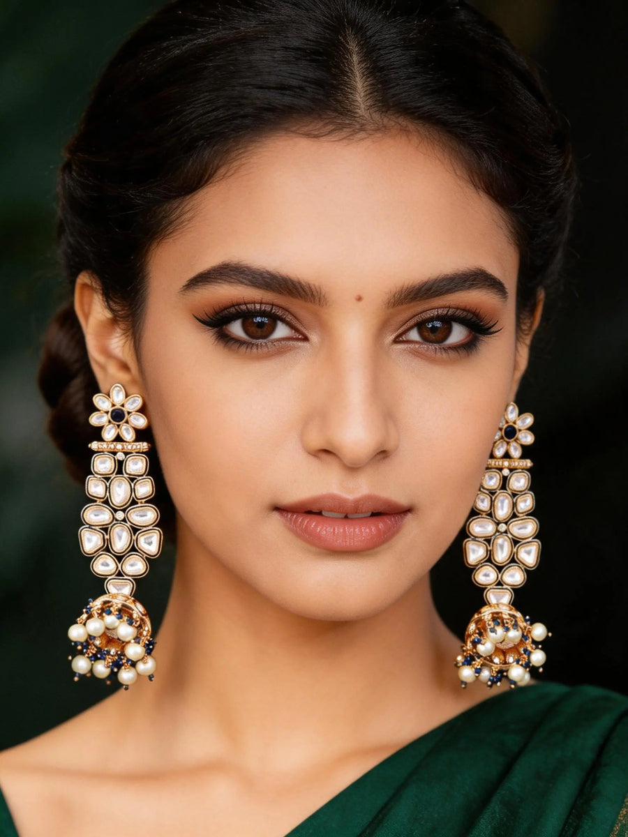 Floral Polki Brass Jhumka Earrings with Pearl Drop