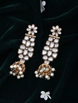 Floral Polki Brass Jhumka Earrings with Pearl Drop