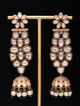 Floral Polki Brass Jhumka Earrings with Pearl Drop