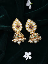 Polki and Pearl Teardrop Jhumka Earrings in Red and White