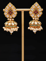 Polki and Pearl Teardrop Jhumka Earrings in Red and White