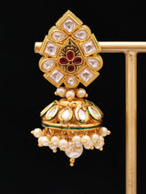 Polki and Pearl Teardrop Jhumka Earrings in Red and White