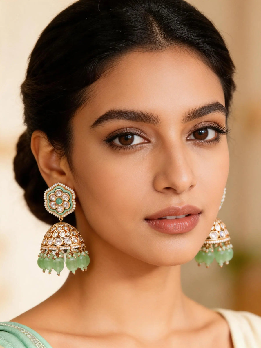 Floral Polki Jhumka Earrings with Green Bead Drops