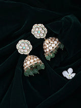 Floral Polki Jhumka Earrings with Green Bead Drops
