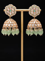 Floral Polki Jhumka Earrings with Green Bead Drops