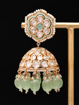 Floral Polki Jhumka Earrings with Green Bead Drops