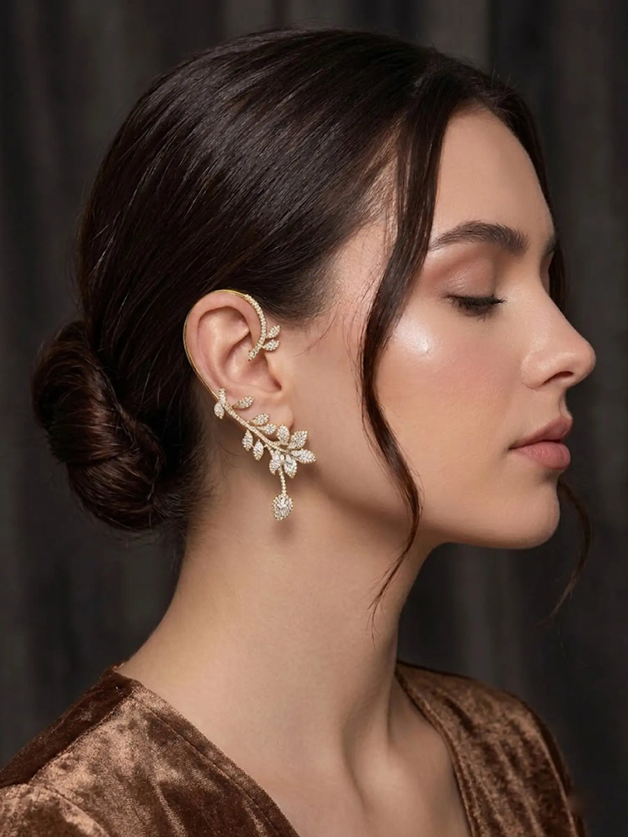 Floral Vine American Diamond Silver Tone Ear Cuff Pair