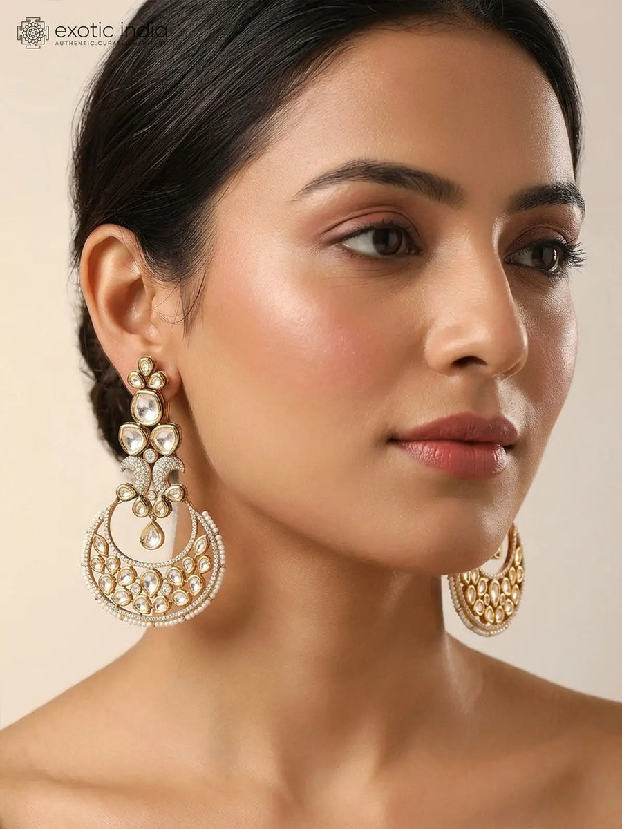 Kundan and Pearl Bridal Chandbali Earrings in Brass