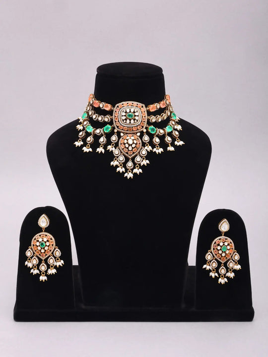 Multi-Strand Teardrop Stone Sterling Silver Choker and Earrings Set