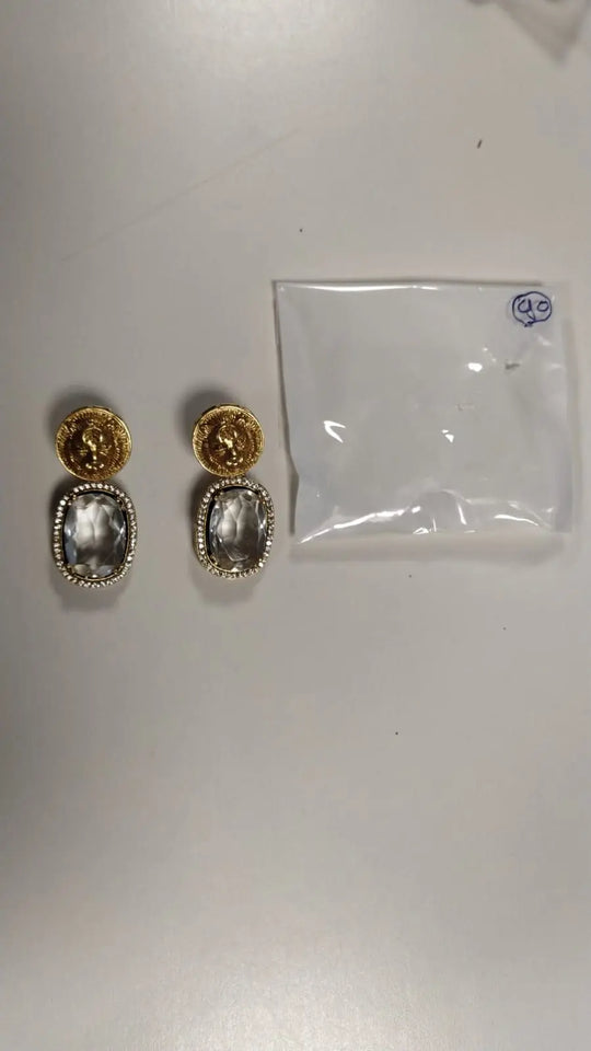Brass Lion Face Stud Earrings with Crystal Drop