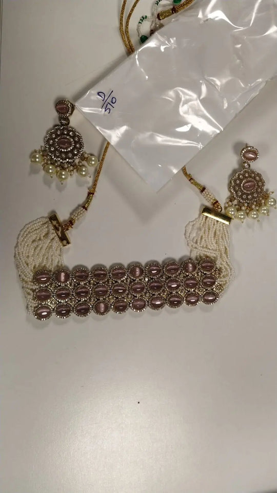Pink and White Stone Studded Multi Strand Choker and Earrings Set