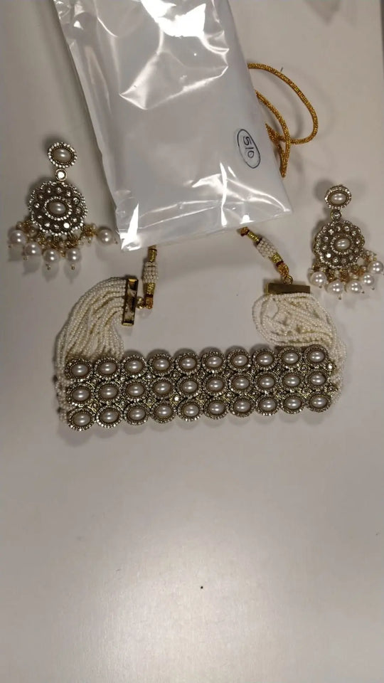 Pink and White Stone Studded Multi Strand Choker and Earrings Set