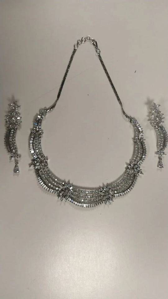 Layered Floral Stone Studded Brass Necklace Set in Gold
