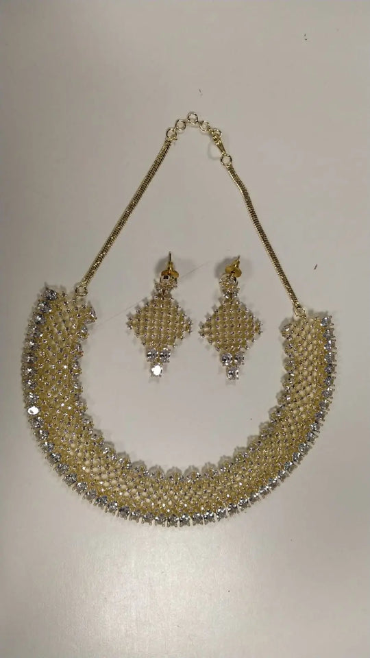 Brass Jali Work Stone Studded Choker and Earrings Set