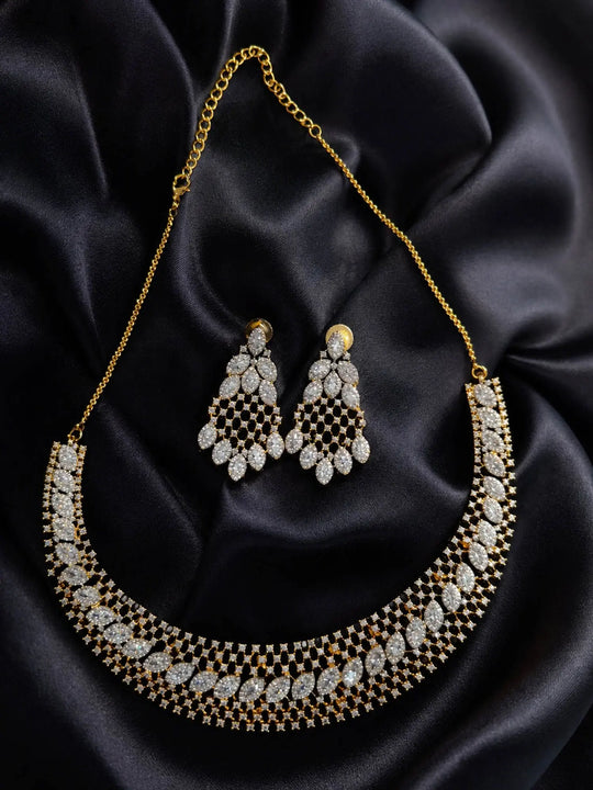 Marquise Stone Studded Brass Necklace and Earring Set