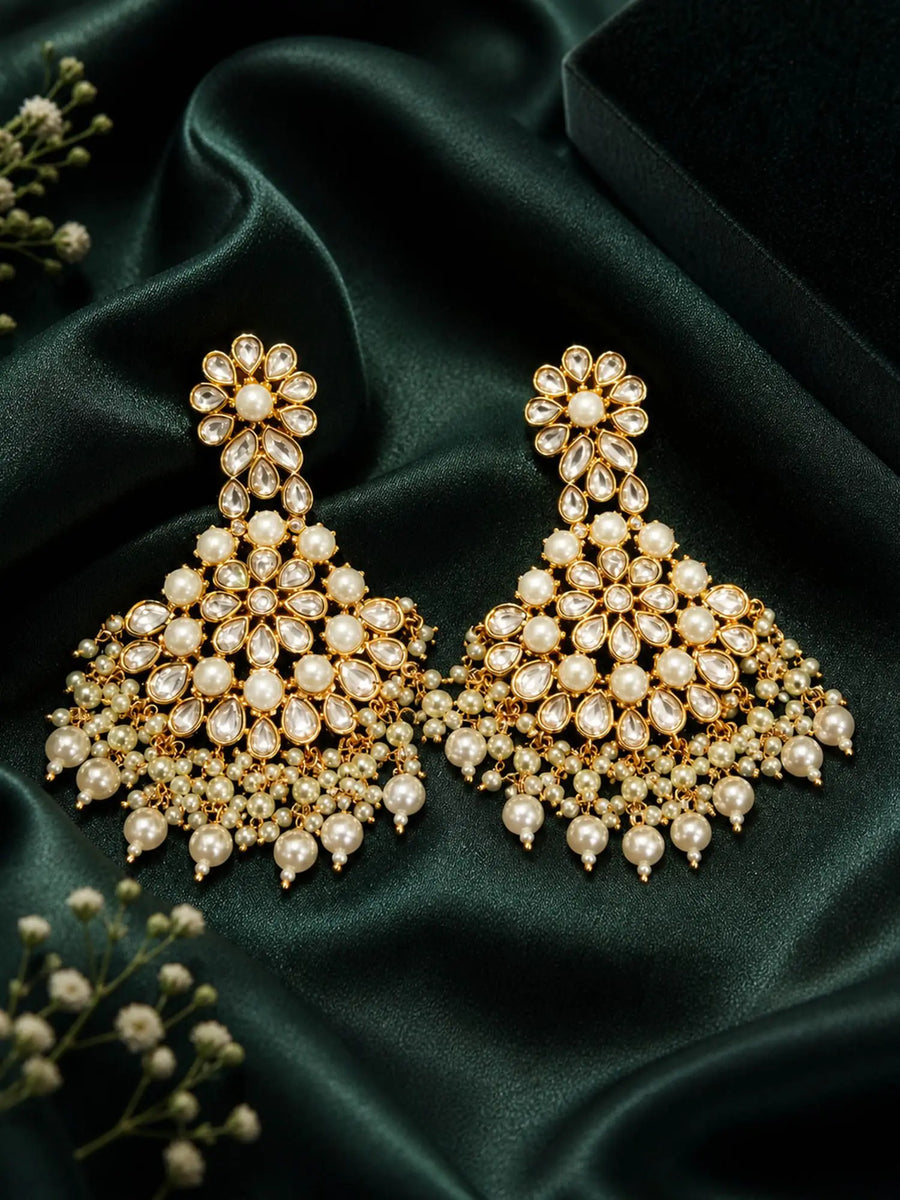 Polki Studded Floral Pearl Drop Earrings in Brass
