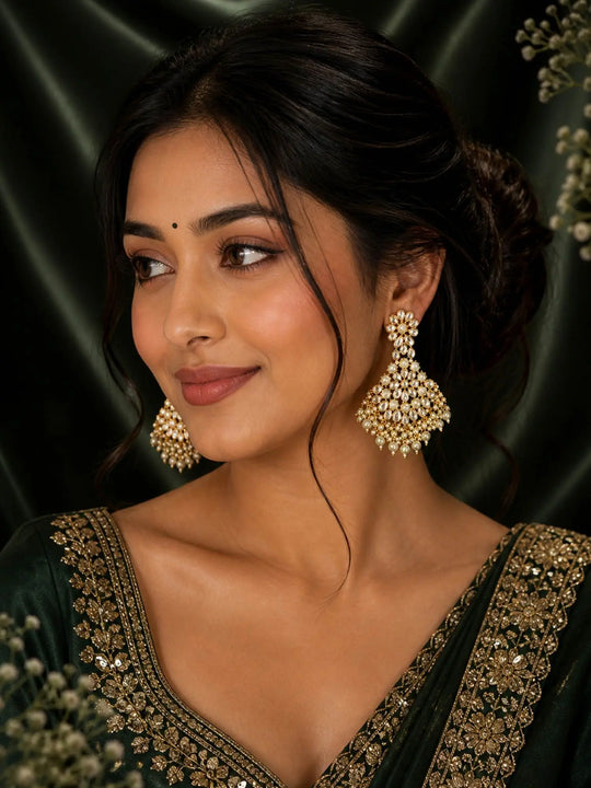 Polki Studded Floral Pearl Drop Earrings in Brass