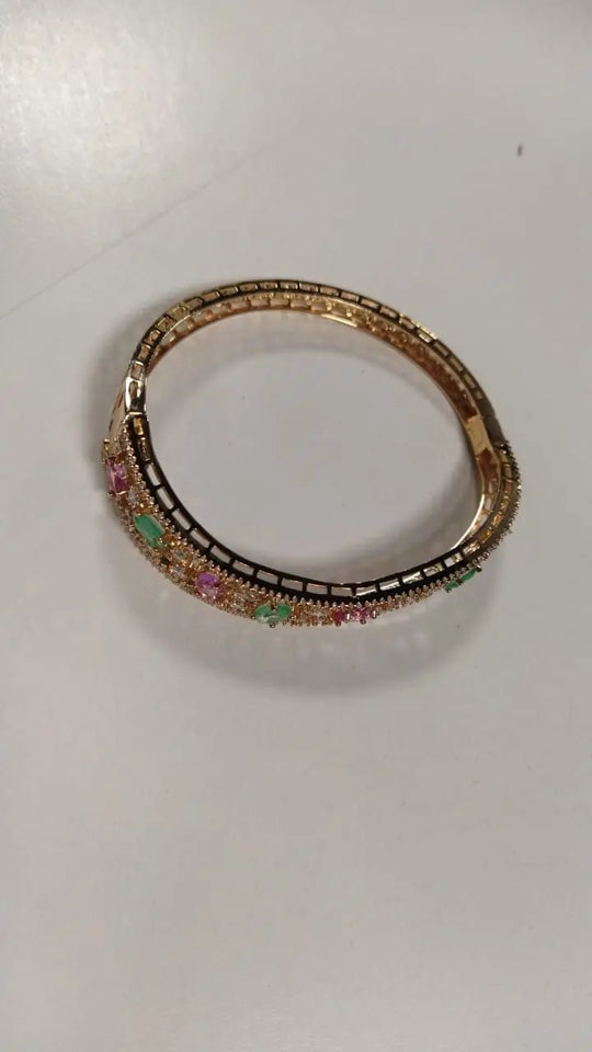 Multicolour Stone Studded Gold Tone Openable Bangle Bracelet