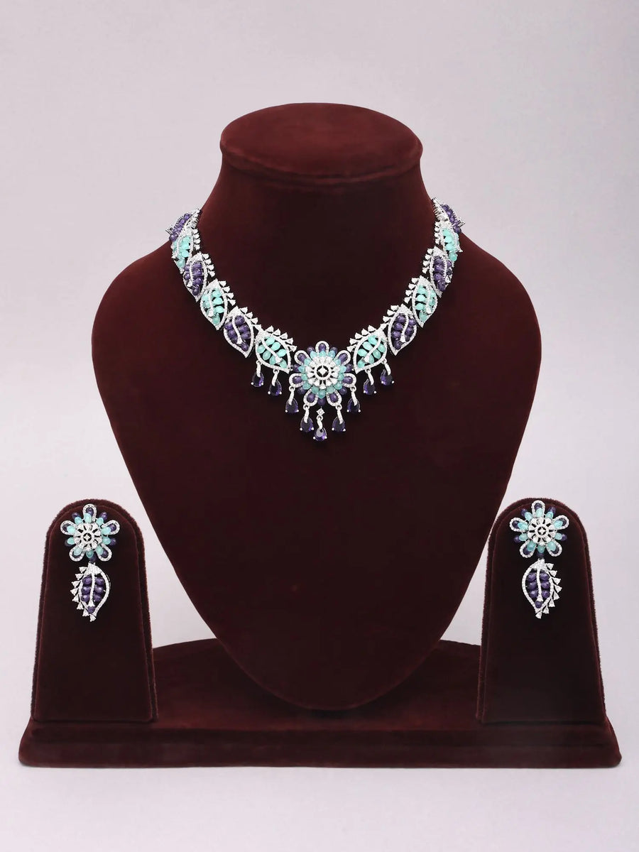 Purple Mint Floral American Diamond Brass Necklace Set