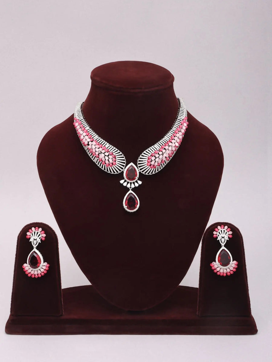 Pink and Sea Green American Diamond Teardrop Necklace Set