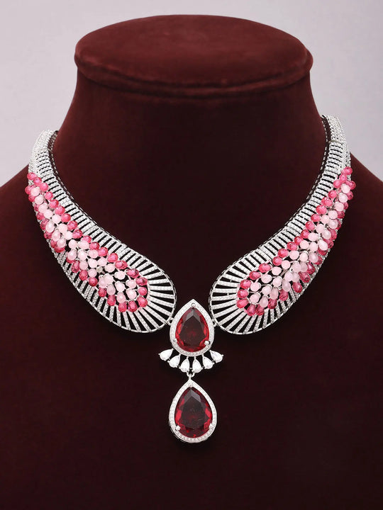 Pink and Sea Green American Diamond Teardrop Necklace Set