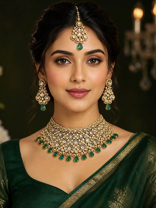 Teardrop Polki Brass Bridal Choker Necklace Set with Earrings and Maang Tikka