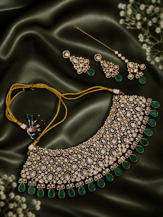 Teardrop Polki Brass Bridal Choker Necklace Set with Earrings and Maang Tikka