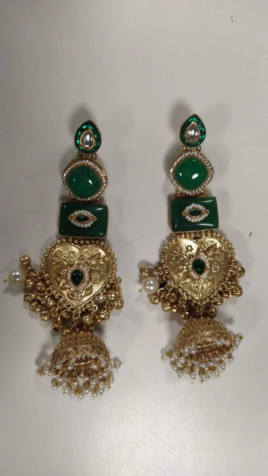 Kashmiri Kundan Heart Ghungroo Long Earrings in Brass