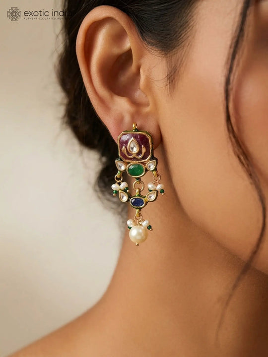 Uncut Polki Stone Brass Silver Drop Earrings