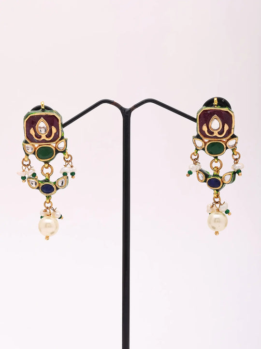 Uncut Polki Stone Brass Silver Drop Earrings