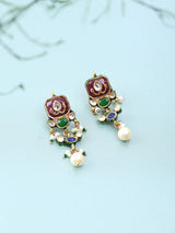 Uncut Polki Stone Brass Silver Drop Earrings