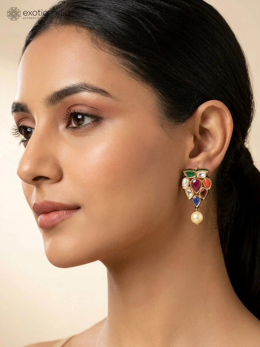 Navratna and Pearl Drop Leaf Lacquer Earrings in Brass
