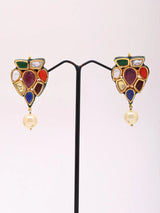 Navratna and Pearl Drop Leaf Lacquer Earrings in Brass