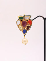 Navratna and Pearl Drop Leaf Lacquer Earrings in Brass