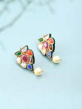 Navratna and Pearl Drop Leaf Lacquer Earrings in Brass