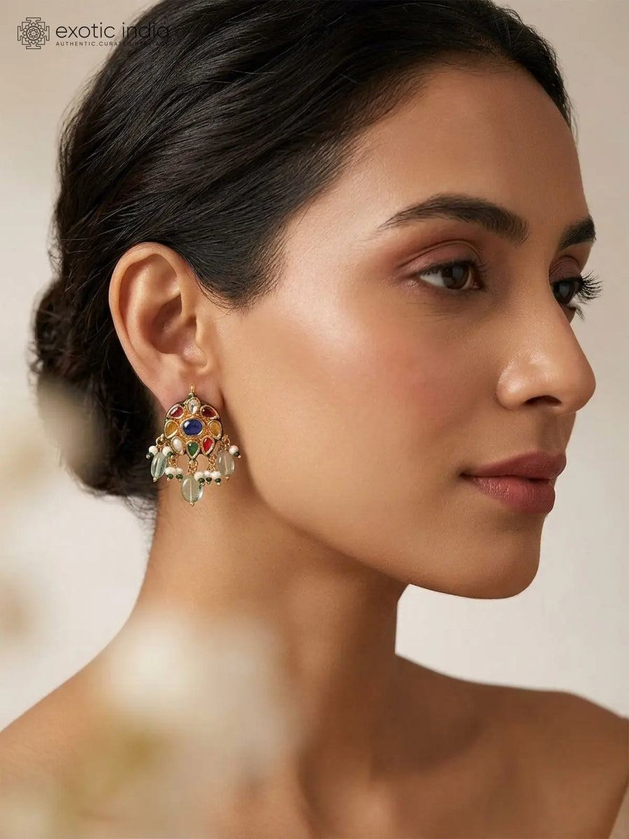 Multicolour Lacquer Leaf and Bead Drop Earrings in Brass