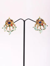 Multicolour Lacquer Leaf and Bead Drop Earrings in Brass