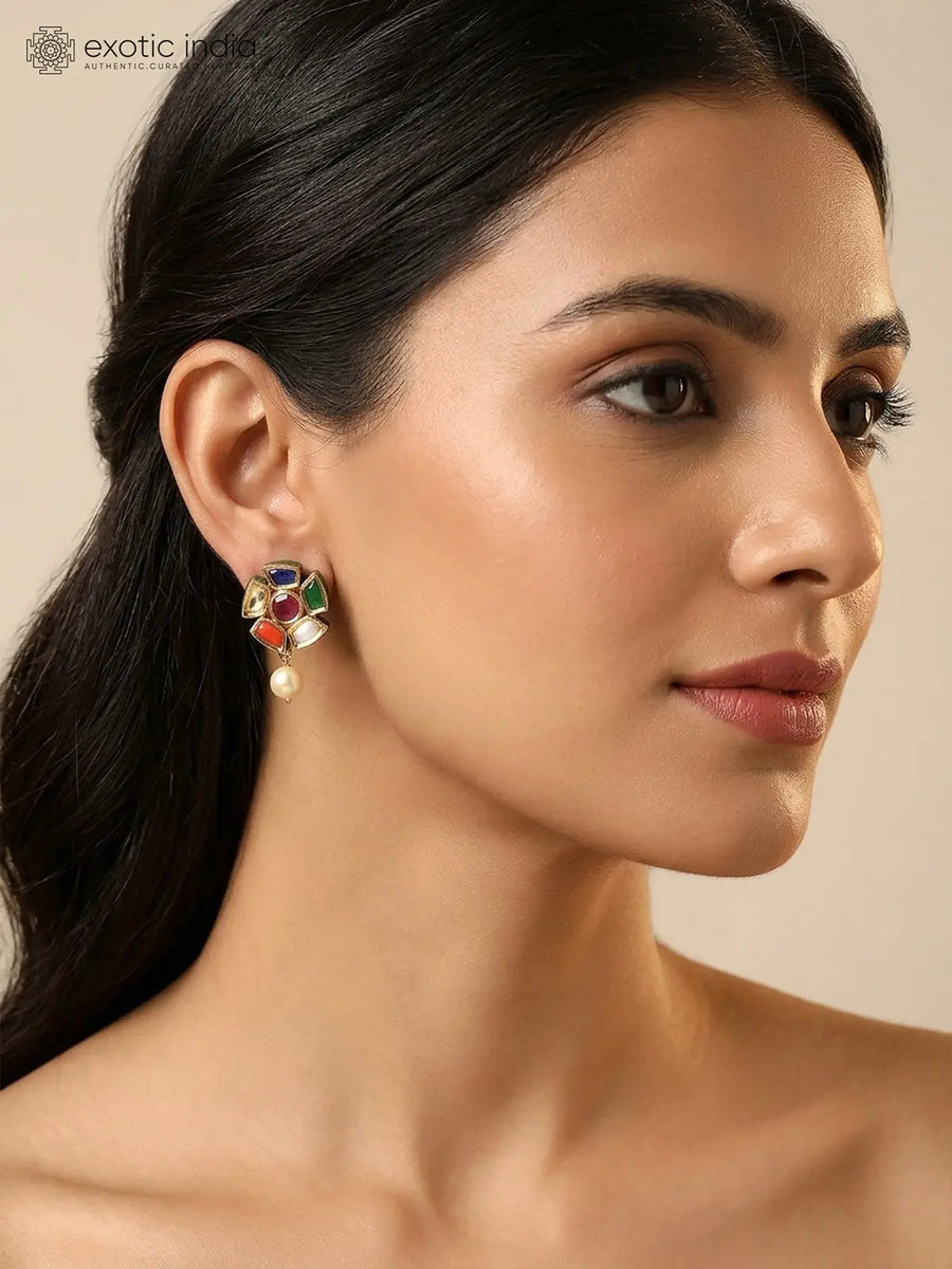 Floral Cluster Pearl and Lacquer Drop Earrings in Brass Silver