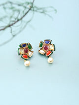 Floral Cluster Pearl and Lacquer Drop Earrings in Brass Silver