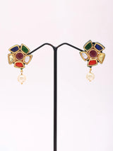 Floral Cluster Pearl and Lacquer Drop Earrings in Brass Silver