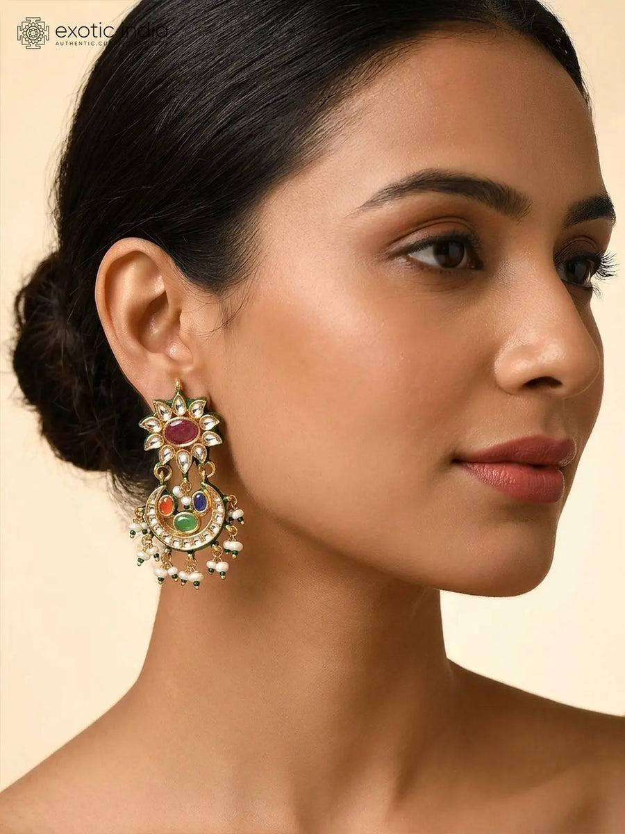 Navratna Floral Crescent Lacquer Earrings with Bead Drop