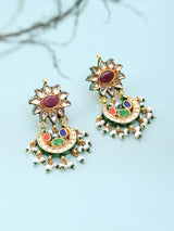 Navratna Floral Crescent Lacquer Earrings with Bead Drop