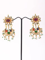 Navratna Floral Crescent Lacquer Earrings with Bead Drop