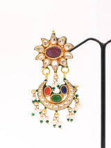 Navratna Floral Crescent Lacquer Earrings with Bead Drop