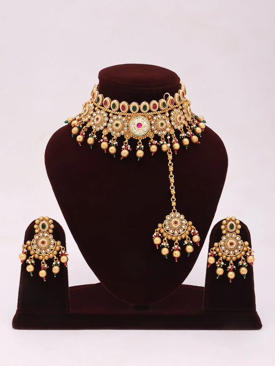 Floral Pink and Green Kundan Necklace and Earrings Set