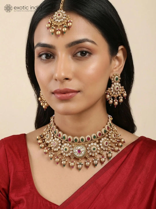 Floral Pink and Green Kundan Necklace and Earrings Set
