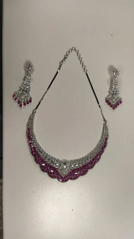 Green and Pink American Diamond Necklace and Earrings Set