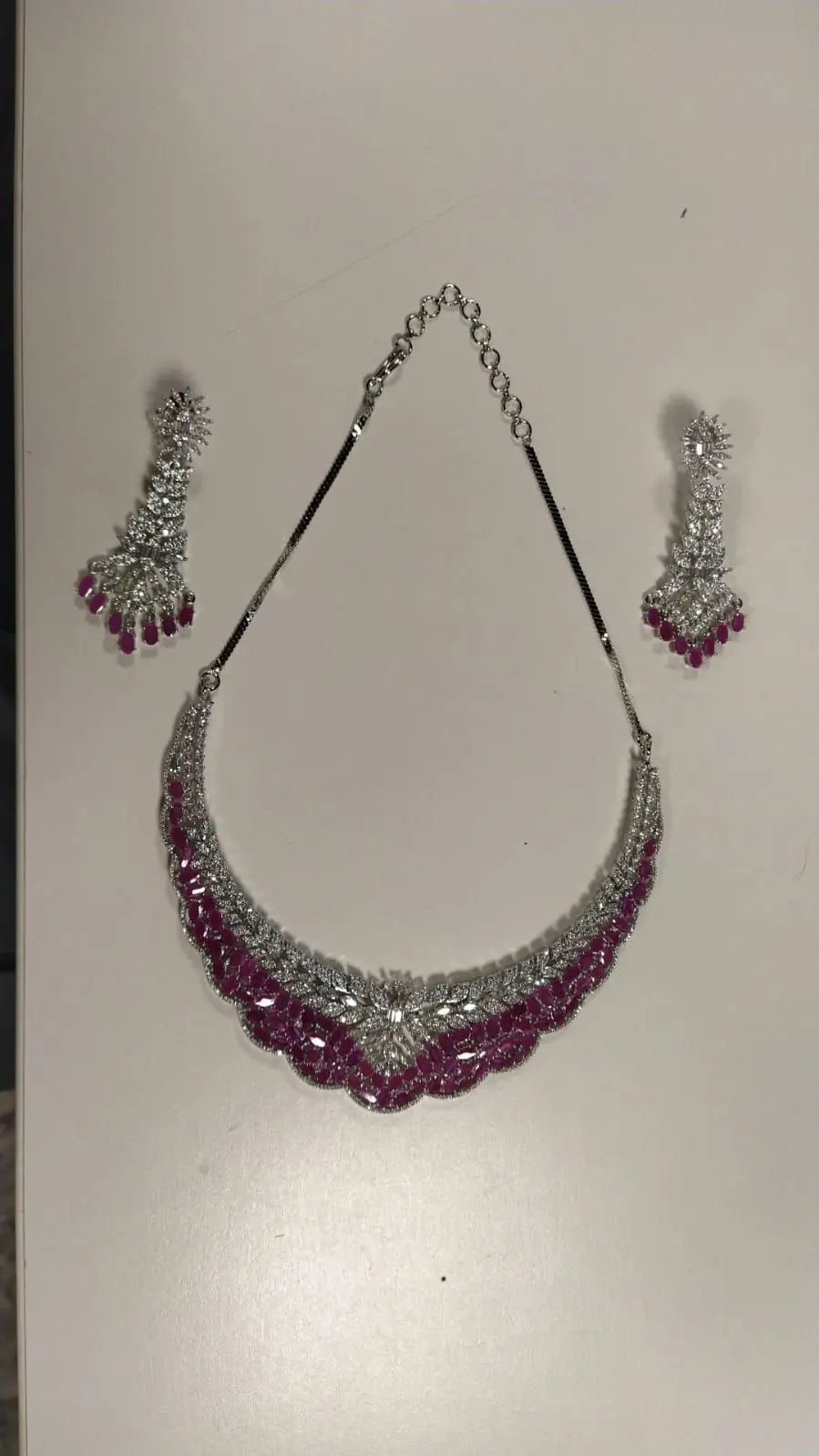 Green and Pink American Diamond Necklace and Earrings Set