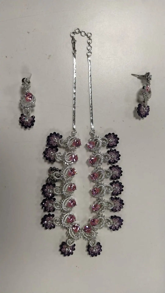 Purple Crystal and American Diamond Floral Necklace and Earrings Set